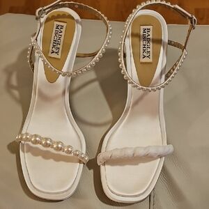 Badgley Mischka Pearl-Embellished White Heels